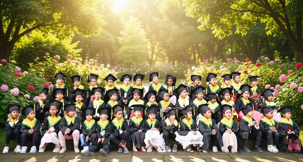 Preschool graduates in caps and gowns sitting in a sunlit garden
